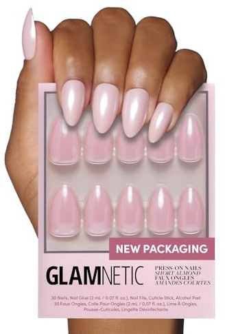 Glamnetic Press On Nails - First Kiss | Short Almond Neutral Pink Nails with a Glaze Finish | 15 Sizes - 30 Nail Kit with Glue