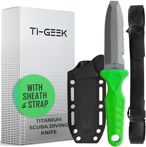 TI GEEK Titanium Survival Scuba Diving Fixed Blade Knife w Sheath & Straps - Holster on Divers BCD, Thigh/Leg, GC Belt Buckle or Wrist, Cutting, Serrated Edge & Line Cutter