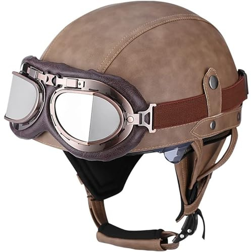 Casque Moto Vintage De Protection en Cuir Bol Homme Homologué ECE Casques Jet avec Lunettes à DéGagement Rapide Scooter