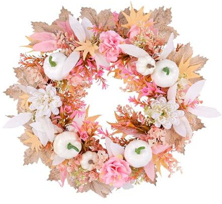 Corona de Otoño de 15.75 Pulgadas para Puerta de Entrada, Corona de Calabaza Artificial de Otoño con Hojas de Arce Rosadas Y Blancas, Corona de Calabaza Colgante para Acción de Gracias, Boda, Cosecha,