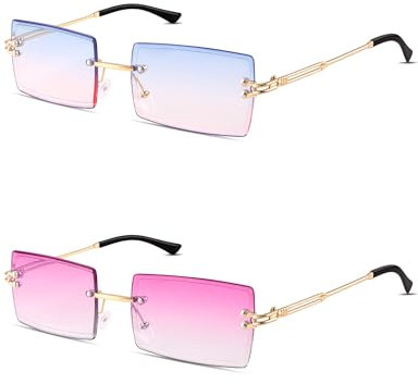 Kiiwah 2 Paar Rechteck Randlose Sonnenbrille - Retro Ultra-Small Frame, Quadratische Durchsichtige Linse, Rimless Sunglasses für Frauen und Männer