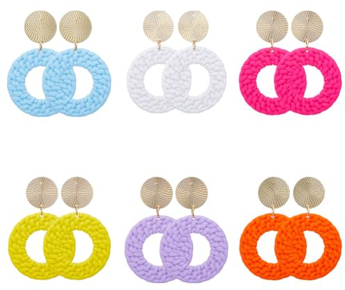 UNICRAFTALE 6 Paar 6 Farben Acryl Donut Ohrringe Geometrische Boho Ohrringe Runde Geflochtene Tropfen Ohrringe Zierliche Ohrringe Sommer Strand Ohrringe Rattan Ohrringe Für Frauen