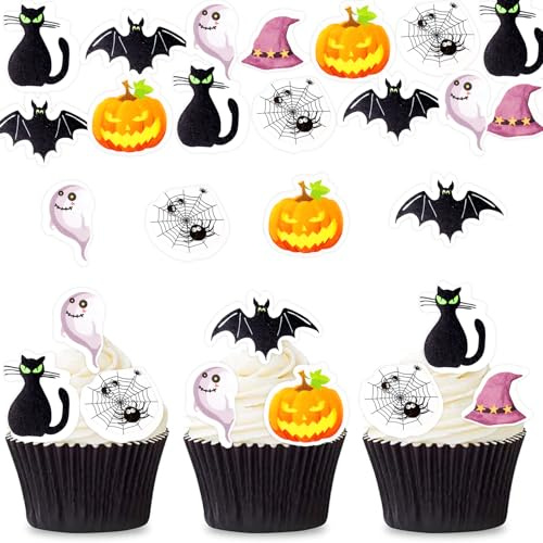 Catelves Essbare Halloween Tortendeko,48 Stück Muffin Deko Halloween Kuchen Deko Essbar,Fledermaus Cupcake Topper,Geist Kuchendeko,Essbare Deko Torte Fledermaus Spinnennetz