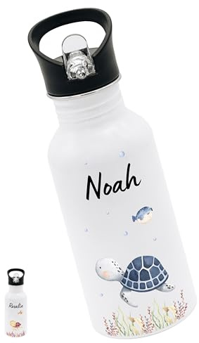 Bärenfreunde® - Personalisierte Trinkflasche Kinder Edelstahl [ 500ml ] - Robuste Trinkflasche mit Namen - Wasserflasche mit Trinkhalm - Personalisierte Geschenke für Kinder (Schildkröte blau)
