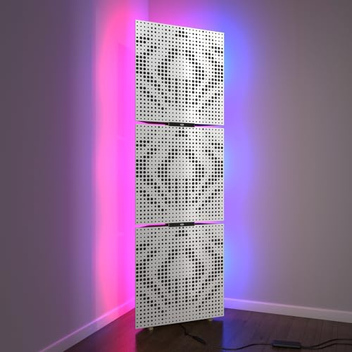 3er-Pack – Akustik-Bassfallen „UNIVERSE“ mit Stehlampe | Mobiler Akustik-Eckständer mit LED-RGB-Hintergrundbeleuchtung | 150x50x10cm | Schallabsorption & Diffusion | Plattenfarbe: Weißer Kunststoff