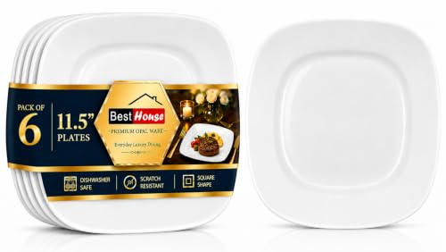 BH | Opalware Square Dinner Plates White | 11.5 Inch (29 cm) | Set of 6 | Microwave, Oven & Dishwasher Safe | Premium Modern Dinnerware Plates for Everyday Dining & Serving - By Best House