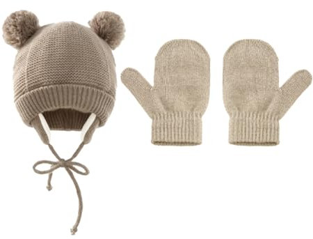 Amxleh Neugeborene Baby Mütze und Handschuhe Set Kleinkind Winter Strickmütze Hüte Winter Baby Kinder gestrickte Doppelfell-Kugelmütze Beanie-Mütze Handschuh-Set