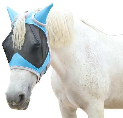 Gallopoff Fliegenmaske Pferd mit Ohren – leichtes Mesh, atmungsaktiv, UV-Schutz, weich gepolstert & bequem, verstellbar Hellblau Cob