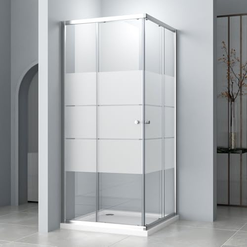 Hopibath Duschkabine Duschkabine Schiebetür, Milchglas Eckeinstieg Duschkabine Duschabtrennung 6mm ESG Milchglas Streifen Duschwand Höhe 185cm (Duschkabine Gestreift, 90x90cm)