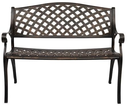 Bonnlo Sitzbank Metall Aluminium, wetterfeste Gartenbank für 2 Sitzer, Essbank mit Rückenlehne und floraler Armlehne, Bänke für Terrase, Balkon, Garten, Hof, Bronze