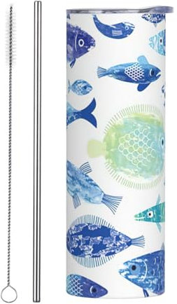 Ocean Life Print 20 Oz Straight Stainless Steel Tumbler with Straw for Mug Tumbler Heat Reusable Stainless Steel Mug for Hot Cold Drinks ﻿