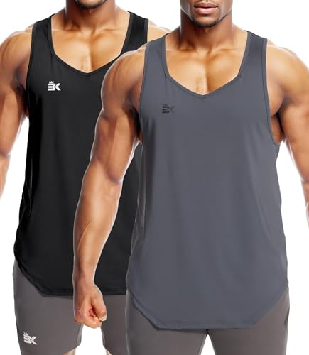BROKIG 2 Pack Mens Irregular Gym Vest,Loose Fit Workout Sleeveless Tops Y-Back Casual Training Fitness Tank Top(XX-Large,Black/Dark Grey)