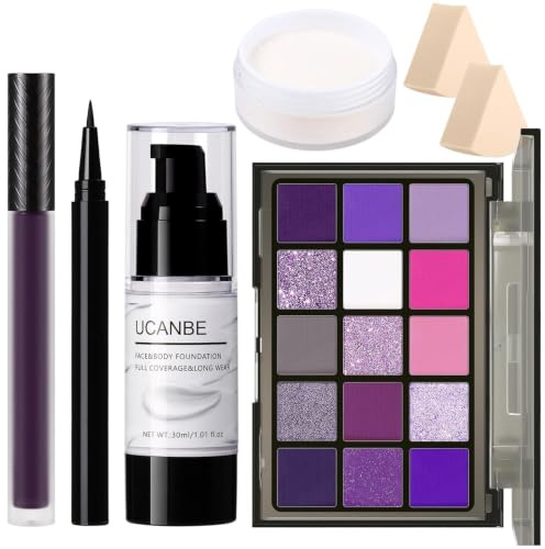 UCANBE Purple Halloween Makeup Kit – Witch Devil Sorceress Ursula Makeup Set for SFX Costume Cosplay - Eyeshadow Palette, White Foundation, Purple Lipstick, Black Eyeliner, Setting Powder & Sponges