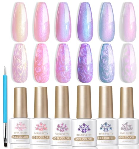 Born Pretty UV Nagellack Pearl Effect 6 Farben Rosa Weiß Gel Nagellack U V LED Soak-Off Gellack, Kreis Zeichnen Muschel Wirbel Effekt