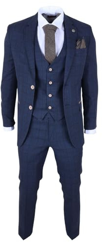 Traje de 3 piezas a cuadros azul marino para hombre, traje formal a medida