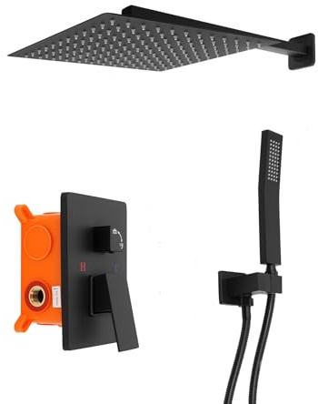 Ensemble de douche encastré, avec pommeau de douche de 30 x 30 cm, noir