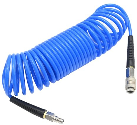 Ollanoos Air Compressor Hose 7.5m, 5mm ID x 8mm OD Air Line Hose with Bend Restrictor, 1/4 Europe Quick Coupler and Plug, Blue