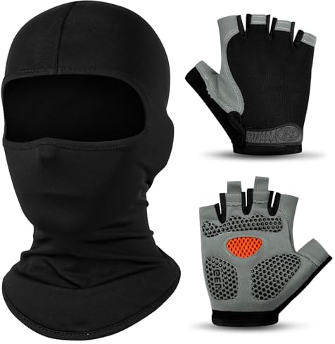 Alaoo 2 Pezzi Passamontagna, Passamontagna Traspirante, Maschera da Sci, Con Guanti, Protezione UV, Adatto per Motociclette, Biciclette, Ciclismo e Sport All'aria Aperta, Uomo/Donna(2pcs-M)