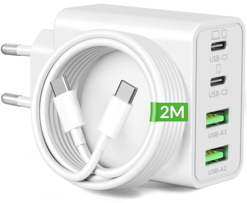 65W 4-Puerto USB C Cargador para MacBook Pro 16 15 14 13 + 2M Tipo C Cable | Charger Carga Rápido Enchufe Adaptador para MacBook Air/Neo 13 Pulgadas, iPad Pro/Air, iPhone 17/16/15