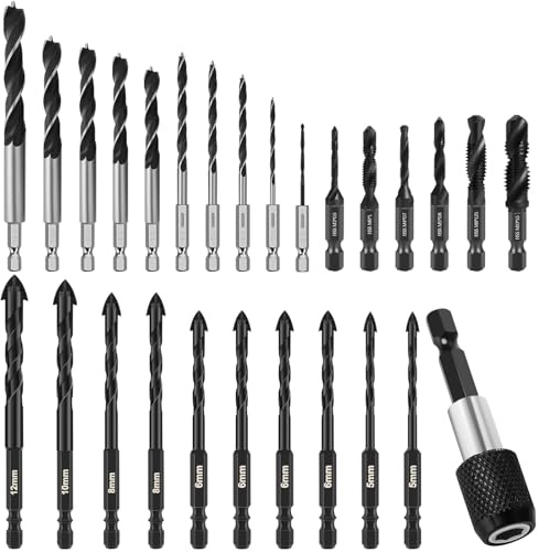 27-Juego de brocas para metal | Incluye 10 brocas Trident y Brocas de Cruz de Aleación | Aptas para madera, metal, azulejos, plástico y hormigón | Machos de roscar y bielas HSS