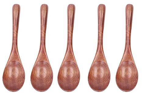 Cucchiai da zuppa in legno, utensili da multiuso, mestolo in legno a manico lungo per mescolare, rimestare e mangiare; set di 5 cucchiai a scoop rotondo in legno naturale