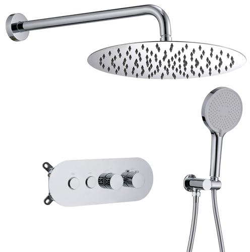 Unterputz Duschsystem mit Thermostat, Unterputz Dusche mit Regendusche 30 cm Edelstahl und Handbrause, Einbaukörper Messing, Drucktasten Bedienung, 2 Funktionen Duscharmatur Set, Chrom