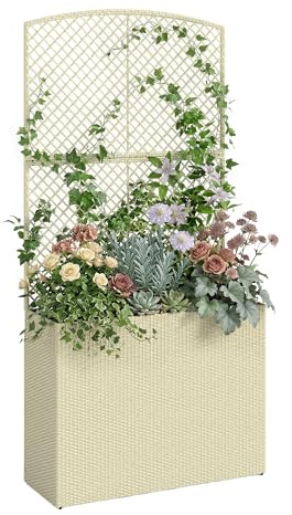 Outsunny Hochbeet mit Rankgitter in Rattan-Optik Pflanzkasten für Kletterpflanzen Blumenkasten Blumenbeet Pflanzkübel Rankkasten für Garten, Balkon, 80 x 30 x 163 cm, Beige