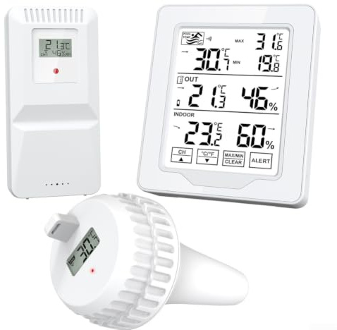 Digitaler Poolthermometer IP68 Wasserdicht mit LCD Display - Präzise Wassertemperatur & Luftfeuchtigkeit Messung für Schwimmbad Teich - für celsius Fahrenheit Anzeige Weiß