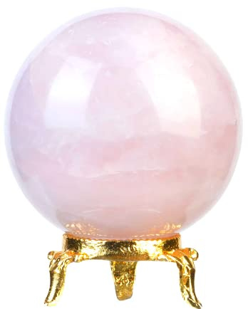 Crocon 50mm Rose Quartz Stone Sphere Ball with Metal Stand 1400+ carats Gemstone Ball Healing Sphere Sculpture Figurine for fengshui Divination Home Decoration Photography Crystal Sphere