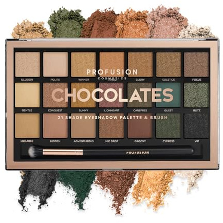 Profusion Cosmetics 21 Shade Eyeshadow Palette Collection & Brush, Chocolates