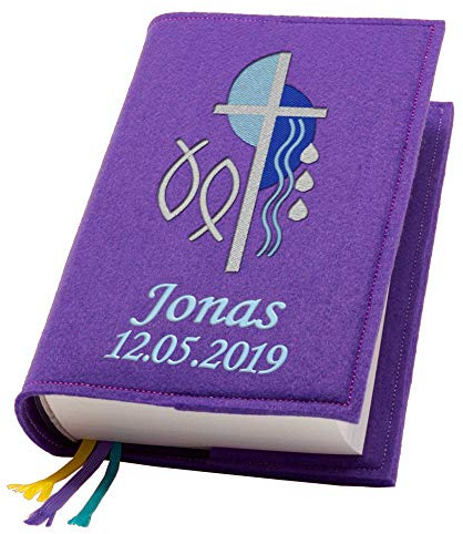 Evangelische Gesangbuchhülle Gesangbuch Kreuz 2 blau Filz mit Namen bestickt mittlere Ausgabe, Farbe:lila