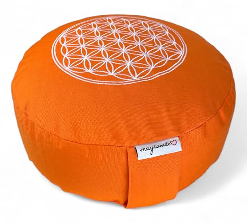 maylow Yoga mit Herz Yogakissen Meditationskissen mit Stickerei Blume des Lebens 33x15 cm für Anfänger und Geübte Bio-Dinkelspelz Füllung Bezug und Inlett Baumwolle waschbar