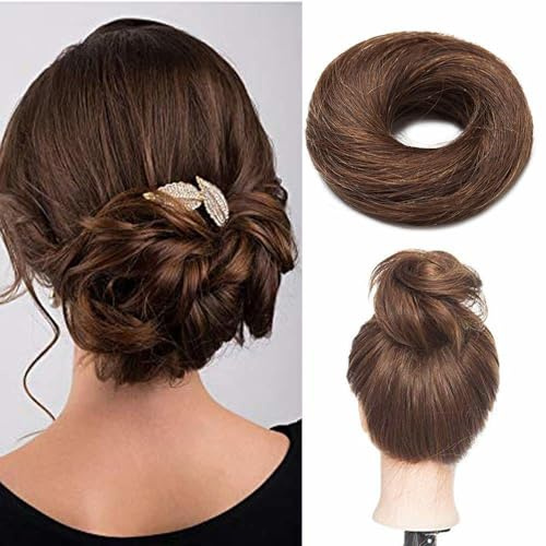 Haargummi mit Haaren Haarteile Echthaar Haargummi für Haarknoten Haarteil Dutt 100% Human Hair Glatt Hochsteckfrisuren 17 Gramm 04# Mittelbraun