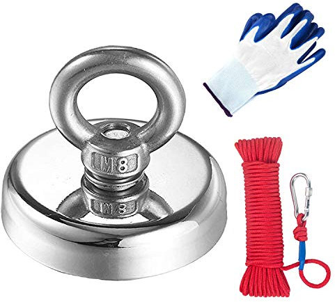 MEIXI 400 lbs Zugkraft Magnetfischen, Super Stark Angelmagnet, Seltenerdmagnete mit 20m (66ft) robustem Seil und Schutzhandschuhen, Wird verwendet um Gegenstände in Flüssen zu finden