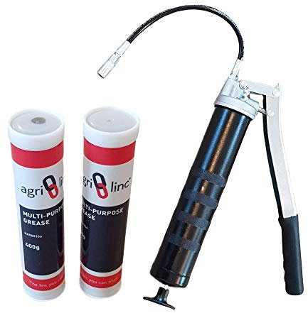 Heavy Duty Grease Gun With 2 Grease Cartridges Bundle Offer, Professional 10,000 PSi Lever Grease Gun with Flexible Hose and Coupler, EP2 Lithium-based Grease, 2 qty 400g/14oz Cartridges, by Agri-Linc