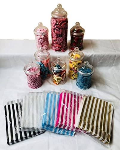 Pick N Mix Candy Buffet Kit Party Clear Plastic Sweet Jar Bundle - 8 Jars & 50 Sweet Bags (Blue)