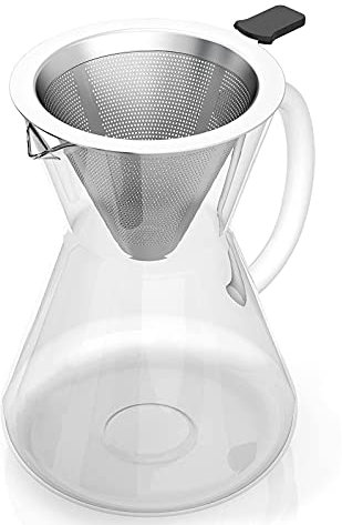 Vierta sobre la cafetera con filtro de acero inoxidable, jarra de vidrio borosilicato manual de café con mango, sin filtros de papel necesario cafetera de goteo manual (14 oz para 3 tazas)