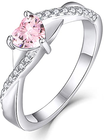 YL Verlobungsring Herz 925 Sterling Silber Oktober Geburtsstein Rosa Zirkonia Kreuz Unendlichkeit Solitaire Ehering Ring für Braut Damen(Größe 52)