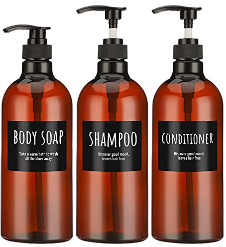 1000ml/33.8oz Shampoo-Flasche mit Pumpe, Segbeauty 3pcs Leere Shampoo- und Conditioner-Flasche, Shampoo-Spenderflasche für Körperseife, brauner Kunststoff-Press-Spender nachfüllbar