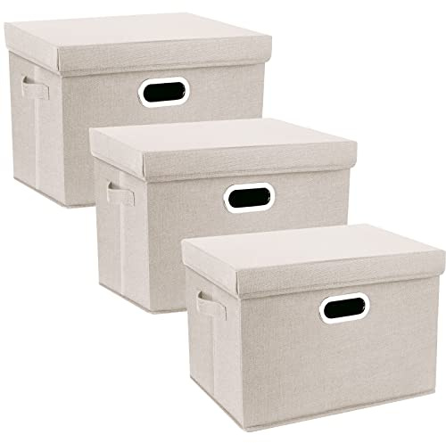 TYEERS Aufbewahrungsbox mit Deckel Groß, Stoff, Faltbare, Waschbare, Kisten Aufbewahrung mit Deckel, 44x30x29 cm, 3-Stück, Beige