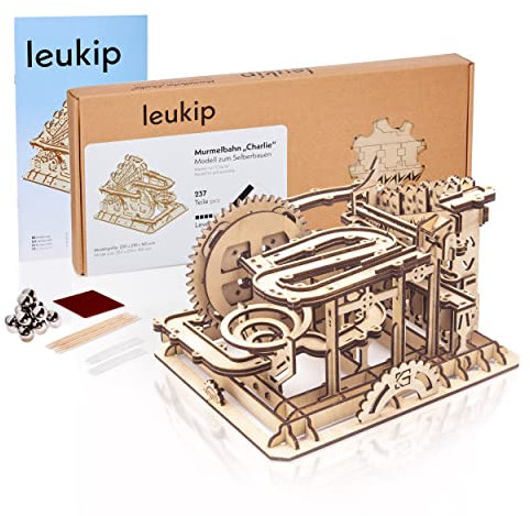 Leukip Murmelbahn Holz Charlie - Modellbau - 3D Holzpuzzle - Smart Games Geschenk Knobelspiele - Holz Murmelbahn - Kugelbahn für Erwachsene - Holzpuzzle Kugelbahn - Holzmurmelbahn
