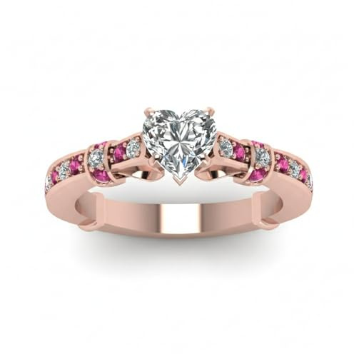 Jewelryonclick Anneau de Bande incliné plaqué Or Rose Saphir Rose créé Cœur façonner Bagues de fiançailles en Pierre latérale Pavage Taille 67 Cadeau Femme décontractée