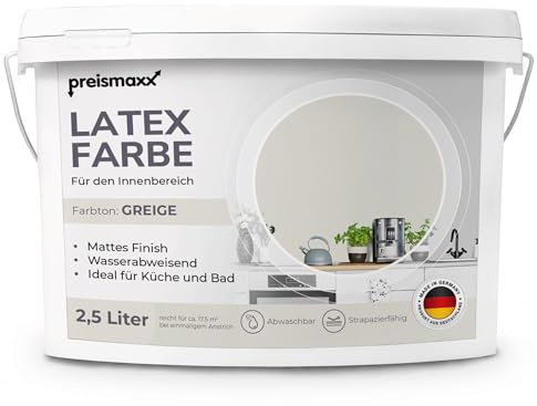 Preismaxx Latexfarbe Greige abwaschbar hohe Deckkraft Wandfarbe matt 2,5l | Abwischbar Küche, Bad, Flur, Treppenhaus Kinderzimmer, strapazierfähig, flecken entfernen leicht zu reinigen hohe Deckkraft