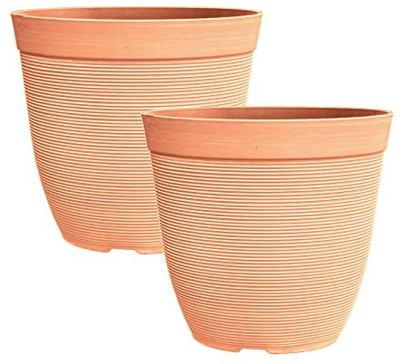 simpa Rustic Ridge Plastic Planter Pots - TERRACOTTA, Set of 2 Pots - 28cm (H) x 30cm Diameter