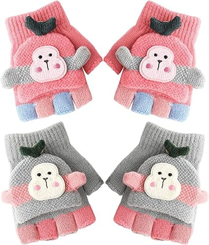 Gants Enfants Sans Doigts, 2 Paires Tricotés D’Hiver D’Enfants Gants Convertible Flip Top Dessin animé Gants Automne Hiver Gants Demi-Doigts Gants Tricotés Sans Doigts pour Garçons Filles 2-7 Ans