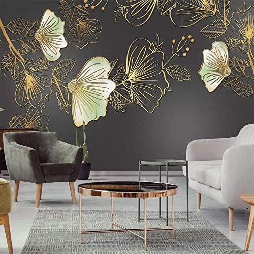Papier Peint Mural Autocollant 3D Feuilles Dorées En Relief Chambre D'Enfants Bar Bureau Salon Restaurant Magasin De Vêtements Couloir Hôtel Décoration Murale Art Mural Affiche Peler 350(L)x256(H)cm