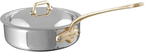 Mauviel M'Cook B 5-Ply Polished Stainless Steel Saute Pan With Lid, And Brass Handle, 3.2-qt, Made In France