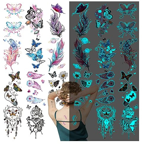 Acevegue 18 Hojas Brillan en la Oscuridad de Tatuajes Temporales, Mariposa Azul Brillante Pluma Rosa Flores Tatuajes Falsos para Adultos Hombres Mujeres, Tatuaje Calcomanias Fiesta Club Nocturno Pub