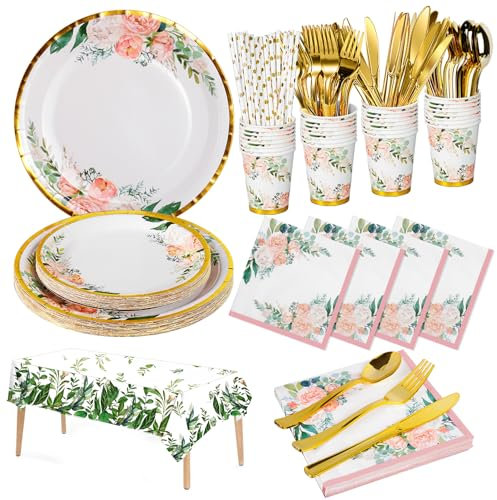 Nkaiso 161 Piezas Vajilla para Fiesta de Flores, Cumpleaños Niño Party Decoración Set con Platos de Papel Floral Vasos Servilletas Baby Shower Fiestas de Compromiso Aniversario- 20 Invitados