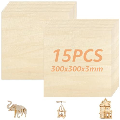 WOPPLXY 15 fogli di compensato da 3 mm, 300 x 300 pezzi, per progetti laser, modello fai da te